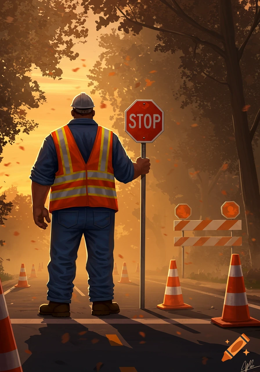 A construction worker in a safety vest holds a stop sign on a road with traffic cones and barriers, bathed in warm, golden light.