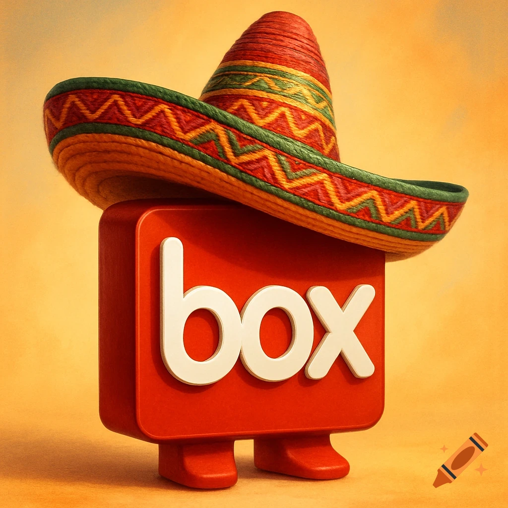 A stylized 3D red Box logo with cartoon feet wears a colorful traditional Mexican sombrero.