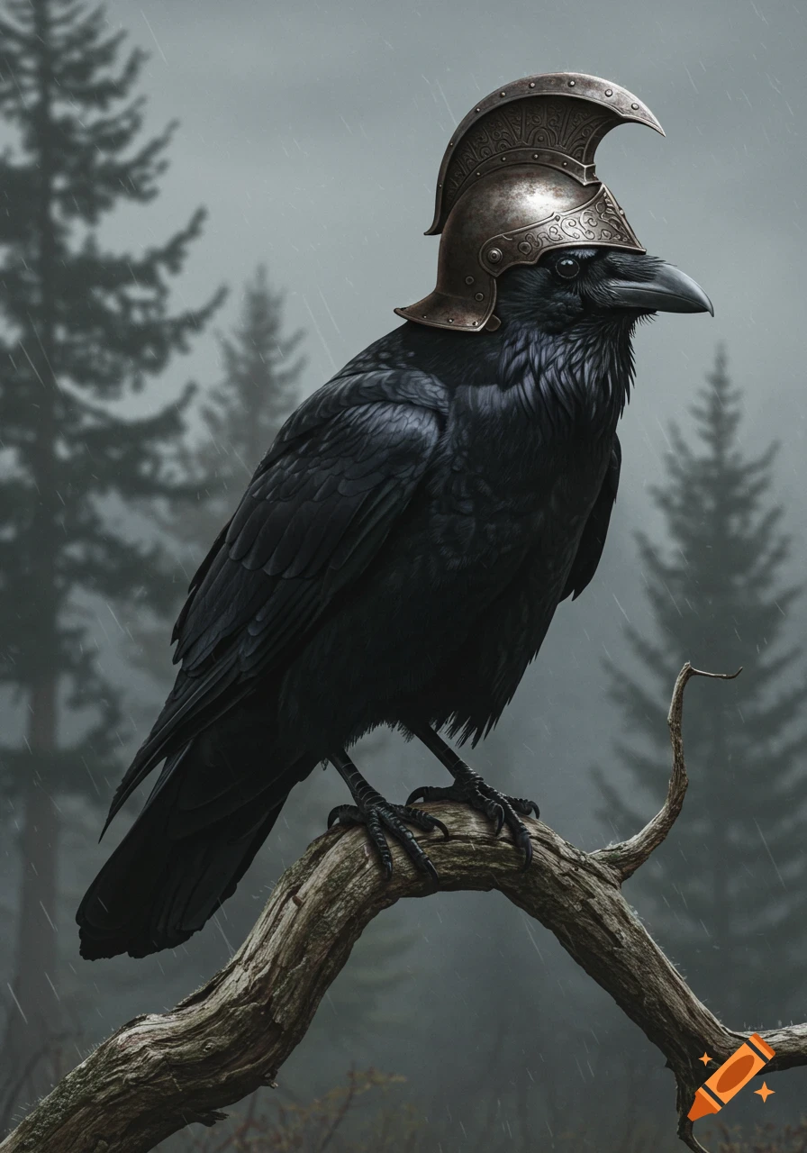 A black raven wearing an ancient warrior's helmet perches on a bare branch in a misty, rainy forest.