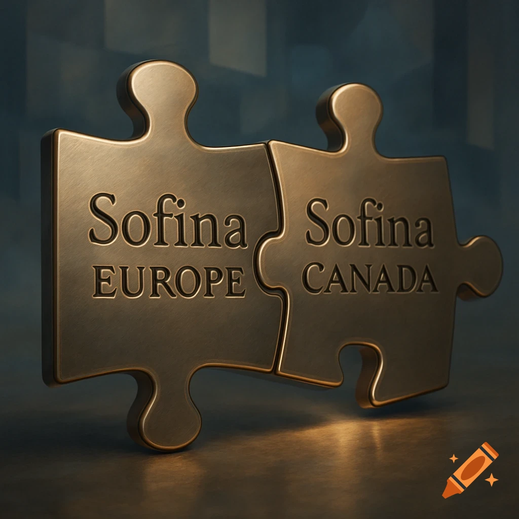 Two bronze puzzle pieces, one labeled 'Sofina EUROPE' and the other 'Sofina CANADA', nearly connected.