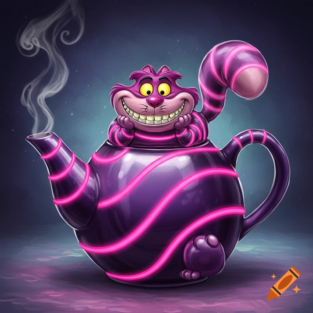 A stylized purple teapot with neon pink stripes and a grinning Cheshire Cat's face on top, its striped tail forming the handle.