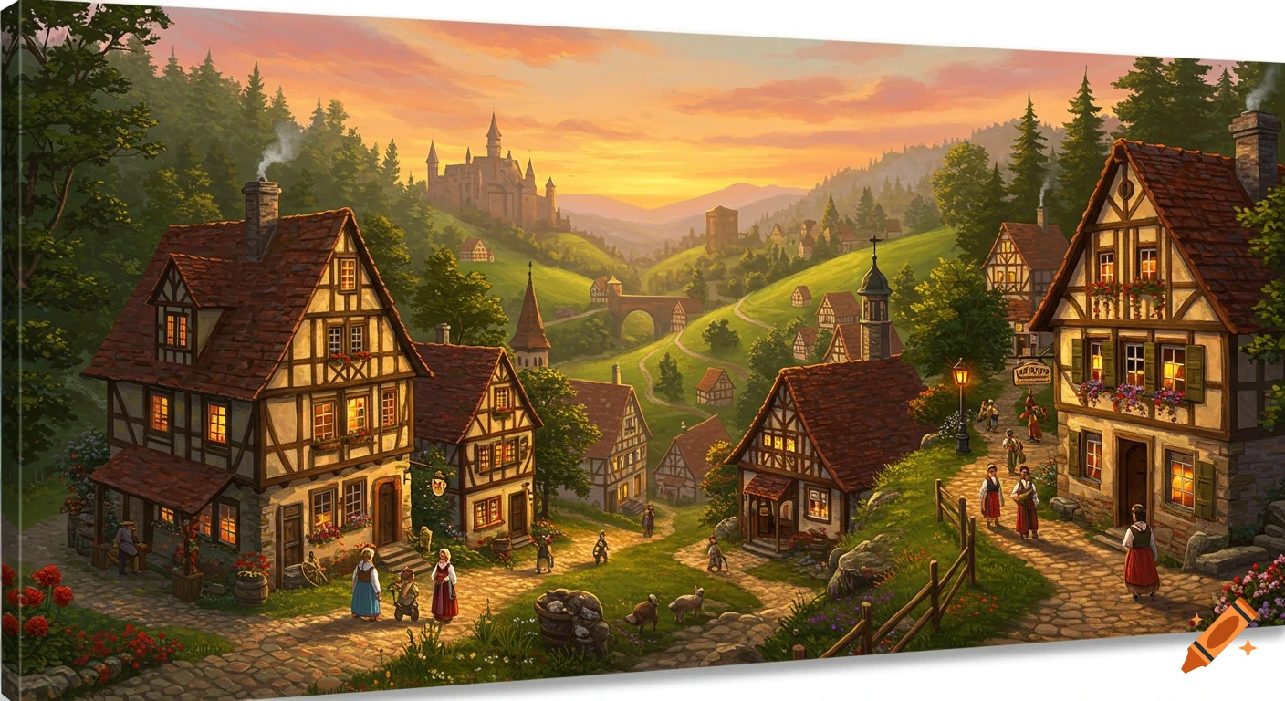 Detailed painting of a charming German village in rolling green hills with half-timbered houses, people on cobblestone paths, and a distant castle under a sunset.