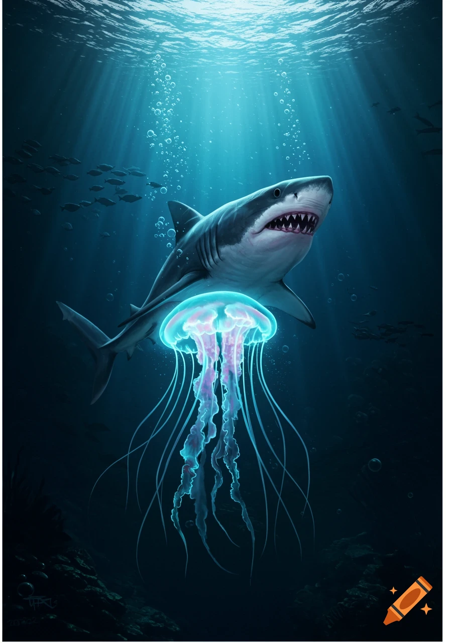 A great white shark swims above a glowing blue and pink jellyfish in deep blue ocean water, with sunbeams piercing the surface and schools of fish in the background.