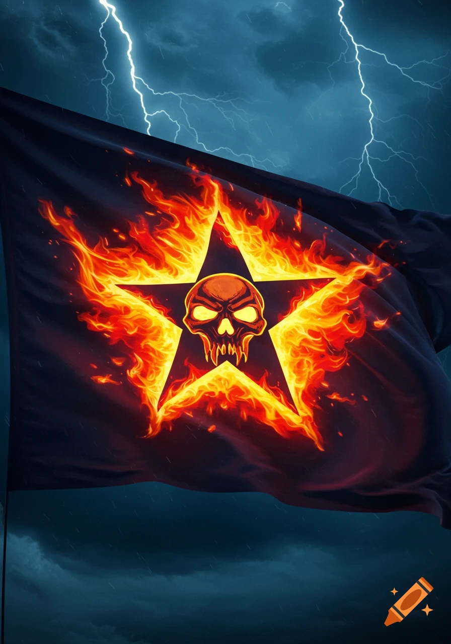 A black flag with a flaming five-pointed star containing a screaming skull, set against a dark, stormy sky with lightning.