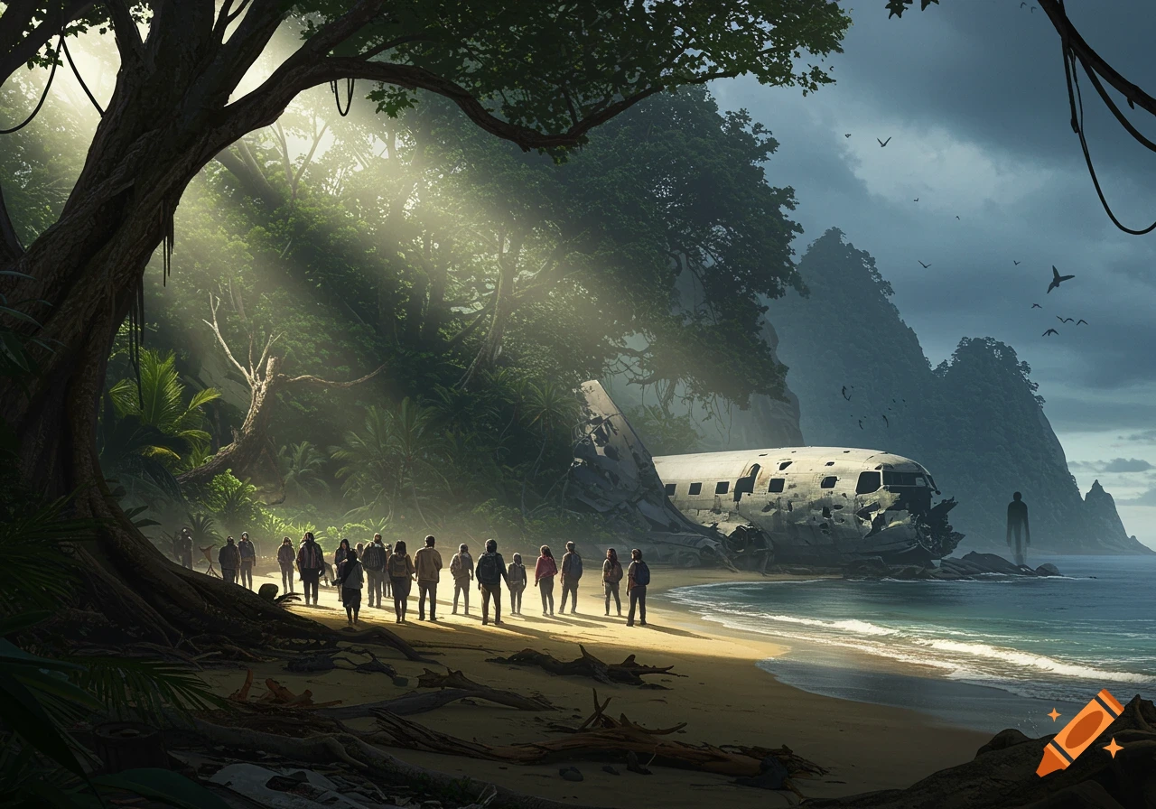 Survivors gather on a tropical beach next to a crashed airplane fuselage, illuminated by sun rays through dense jungle, with a mysterious figure in the distant water.