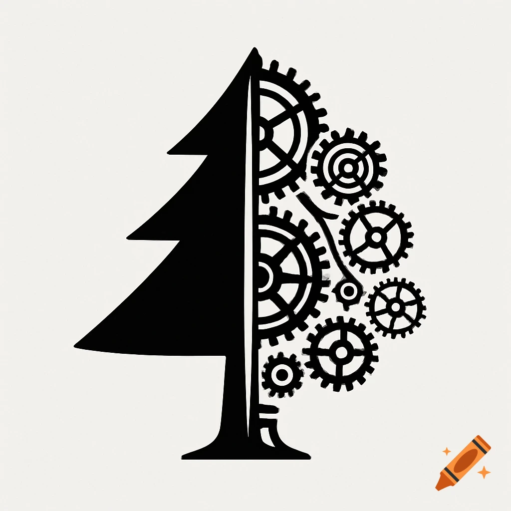 A black silhouette of a tree, with the left half solid and the right half composed of interconnected gears, on a white background.