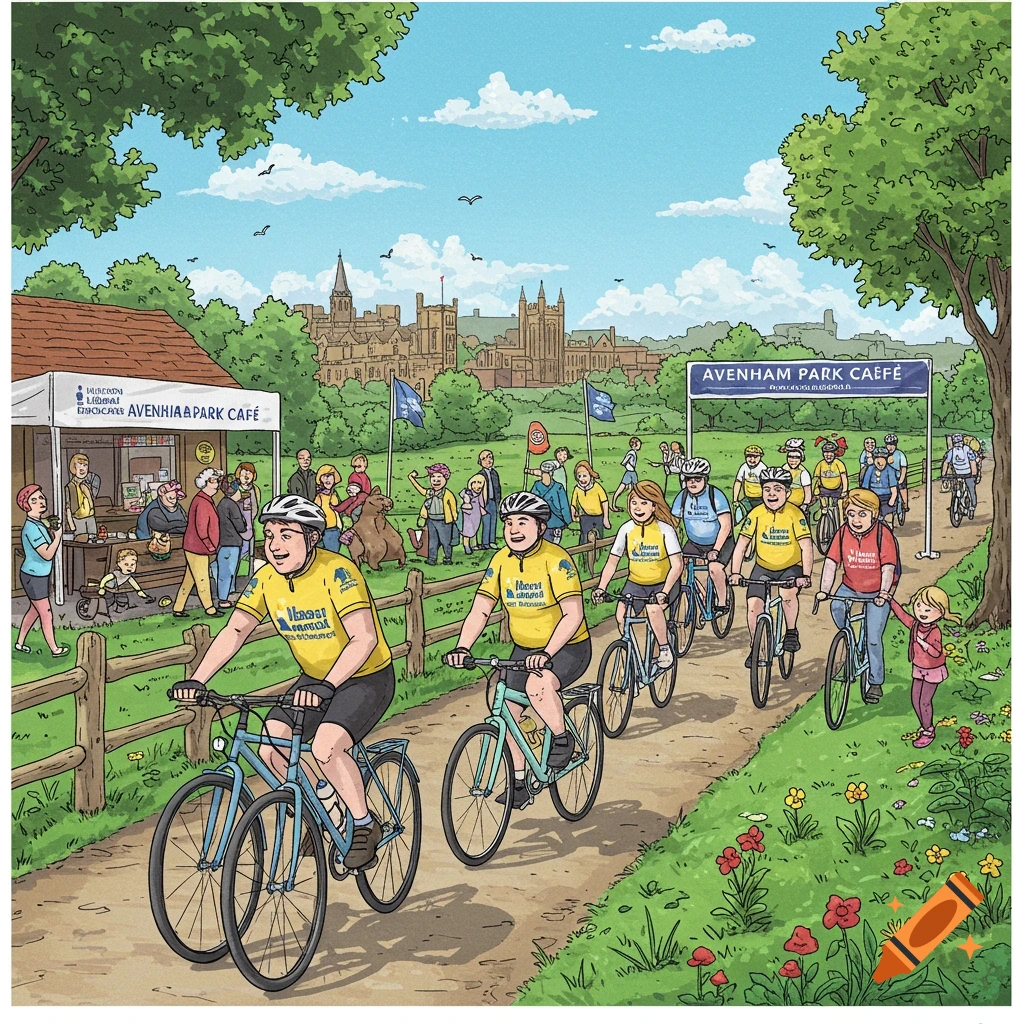 An illustrated scene of a "Liberal Democrats" bike ride in Avenham Park, with cyclists, a cafe tent, and a large building in the background.