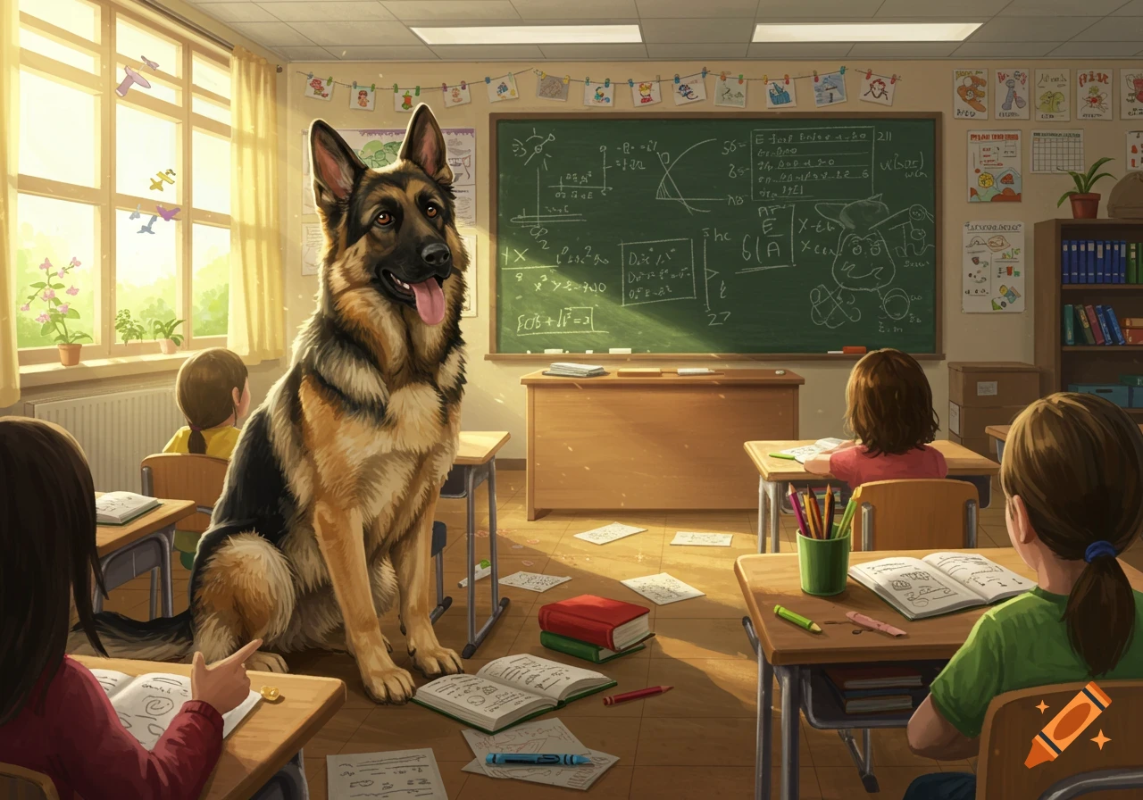 A German Shepherd dog sitting in the middle of a sunlit classroom, with students at their desks.