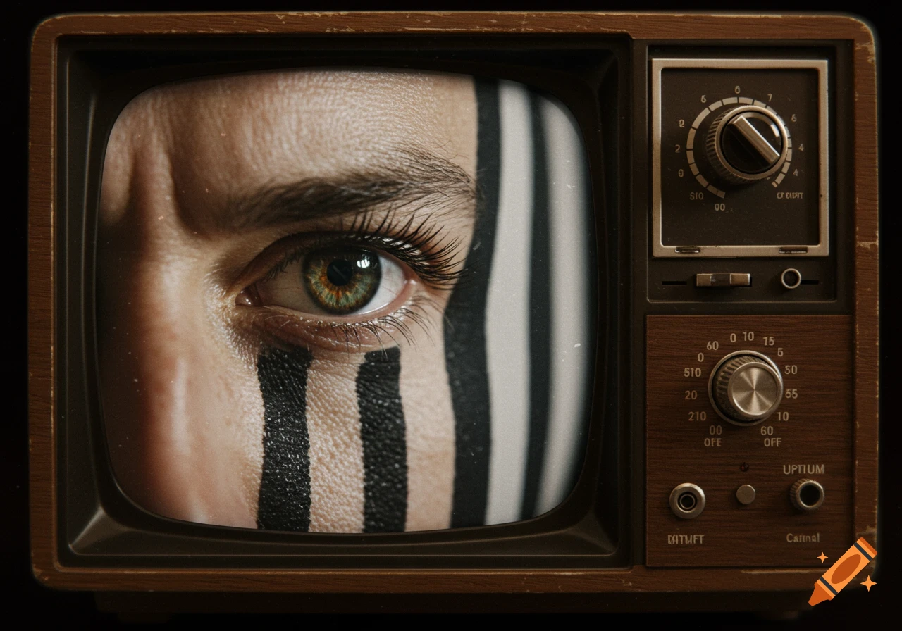 Close-up of a human eye with black stripes on the face, viewed through the screen of a vintage television set.