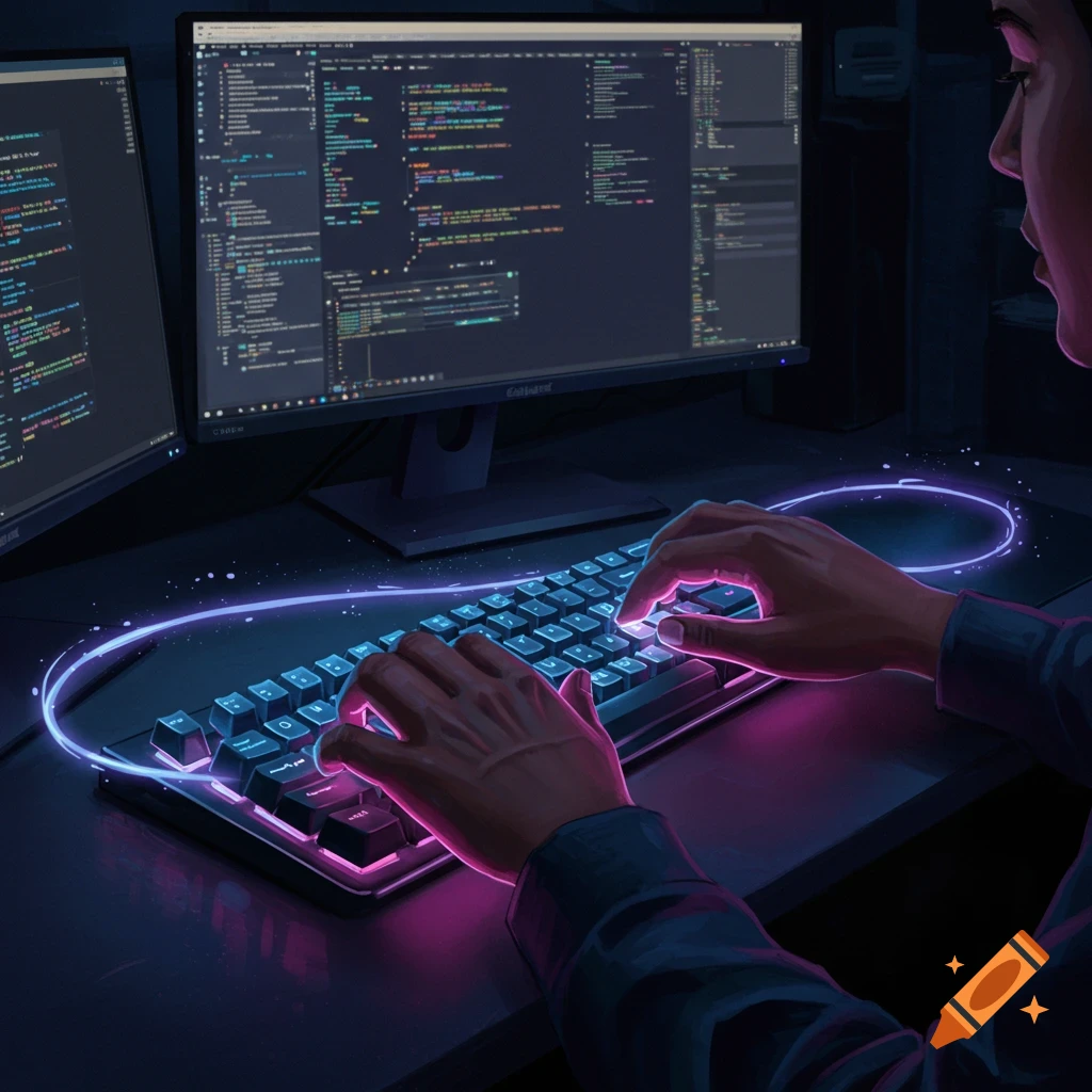 A person types on a glowing keyboard with two computer monitors displaying colorful code in a dark room, in a stylized illustration.