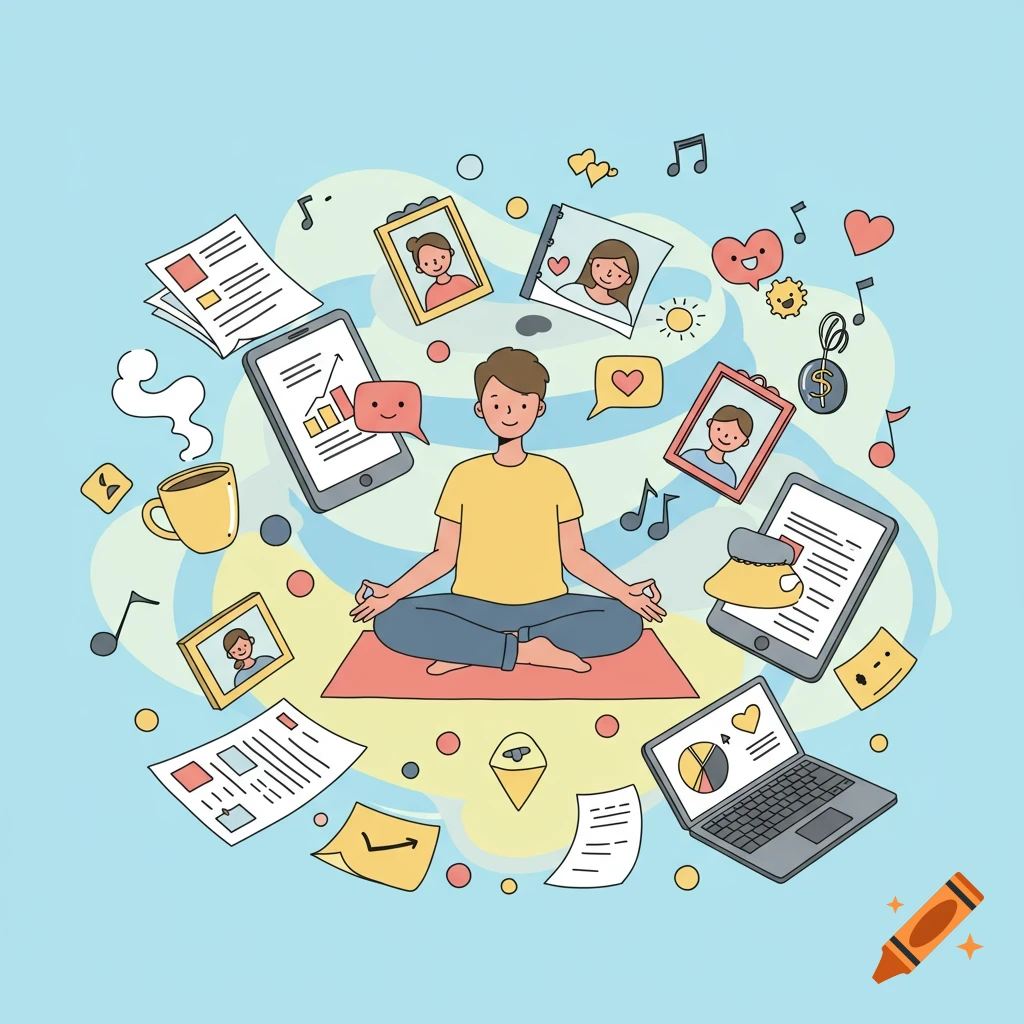 A cartoon man meditates on a red mat, surrounded by floating work elements like documents, a laptop, and a tablet, and personal items like photos, music notes, and a coffee cup, against a light blue background.