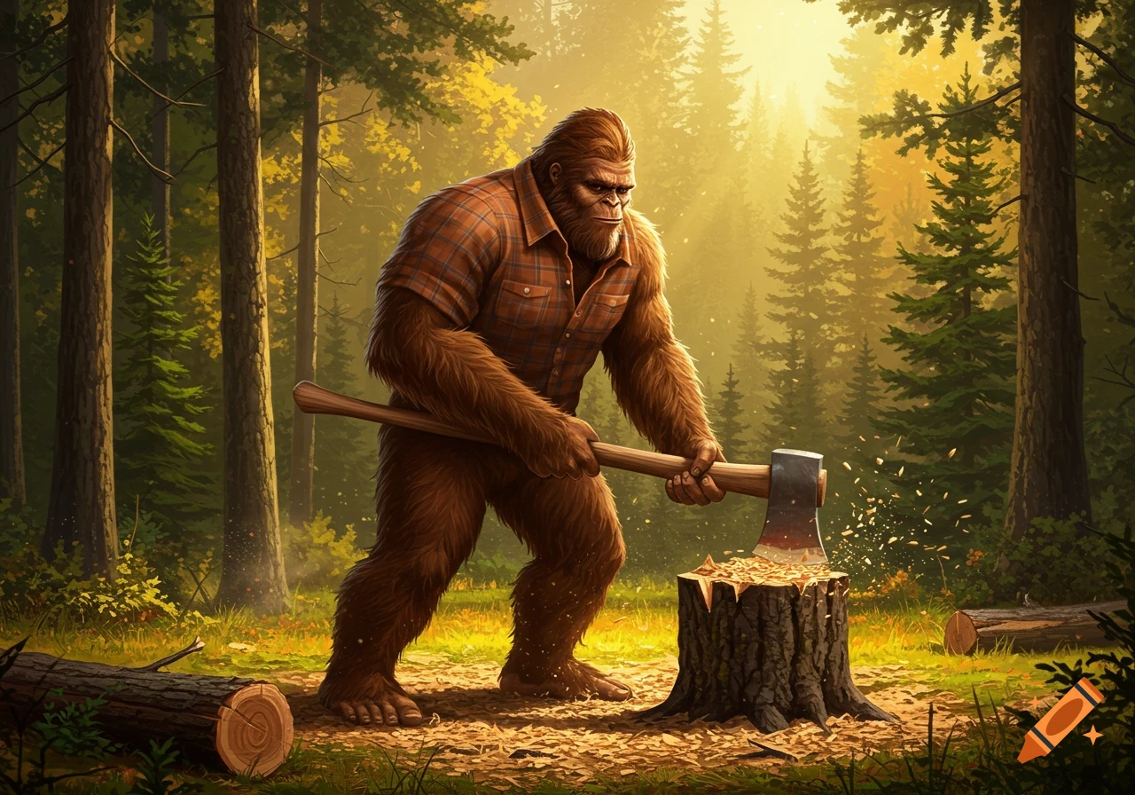 Bigfoot in a plaid shirt chopping wood in a sunlit forest.