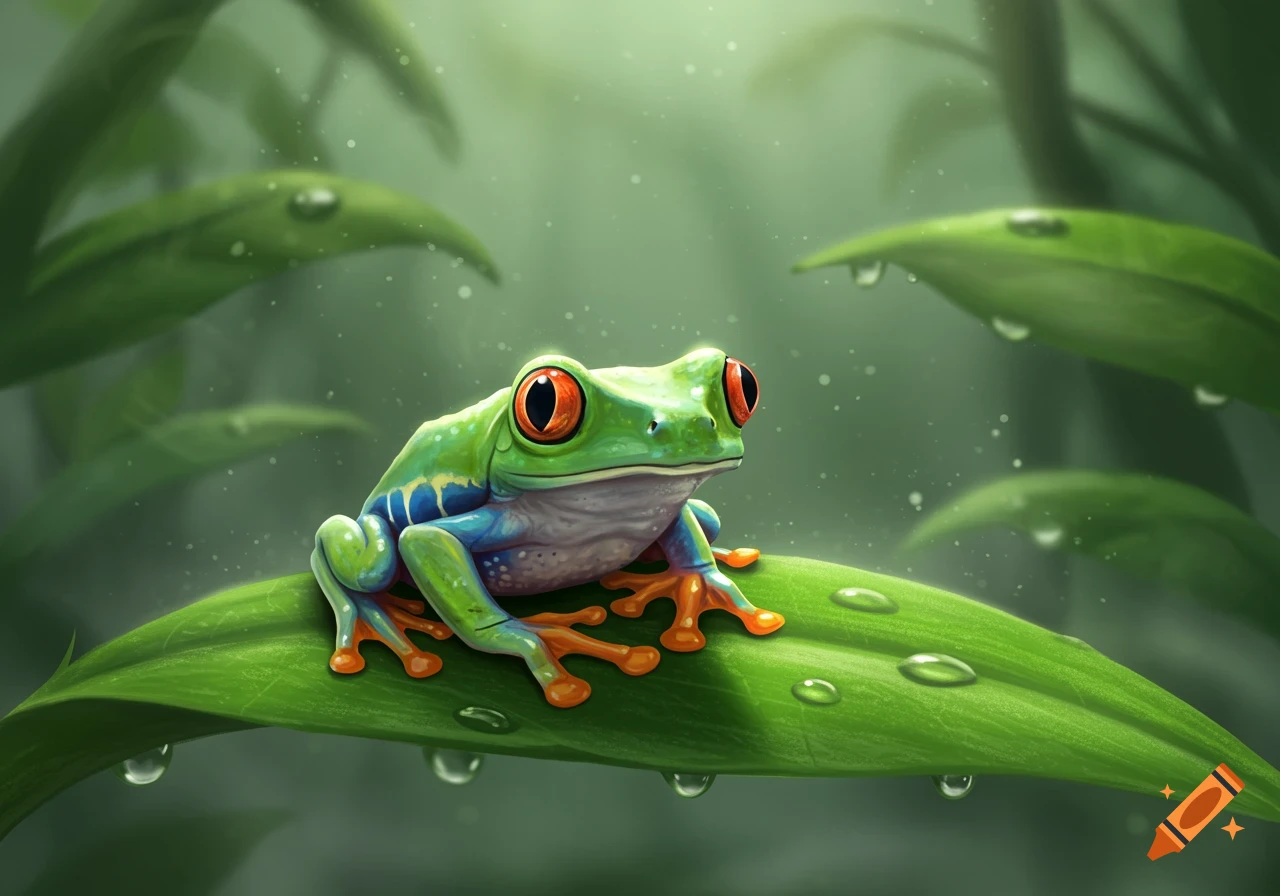 A vibrant green frog with red eyes and blue markings sits on a large green leaf covered in water droplets in a lush environment.