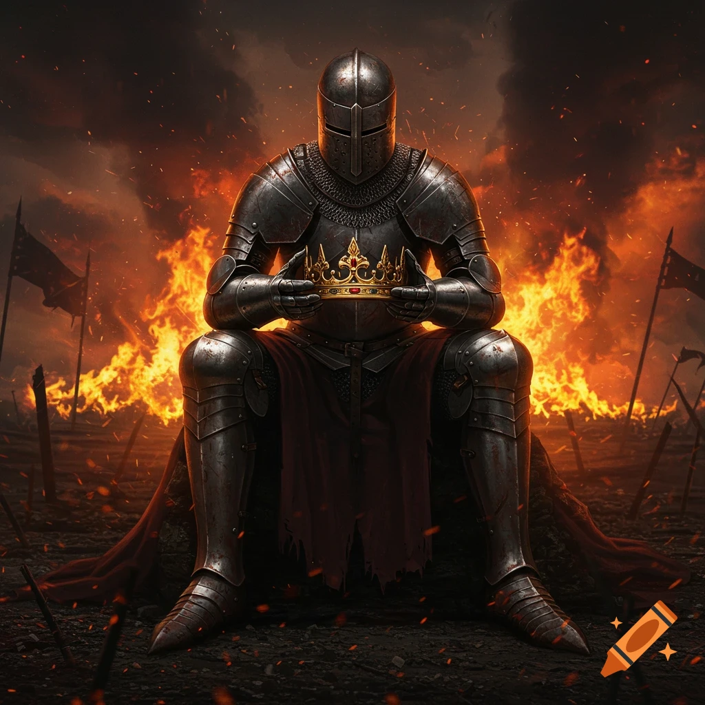 A knight in full dark armor sits on a battlefield holding a golden crown, with large flames raging behind him.
