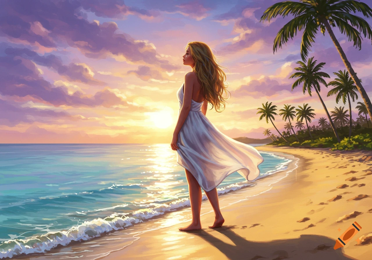 An illustrative painting of a woman in a white dress standing on a beach, looking at the ocean during a colorful sunset with palm trees.