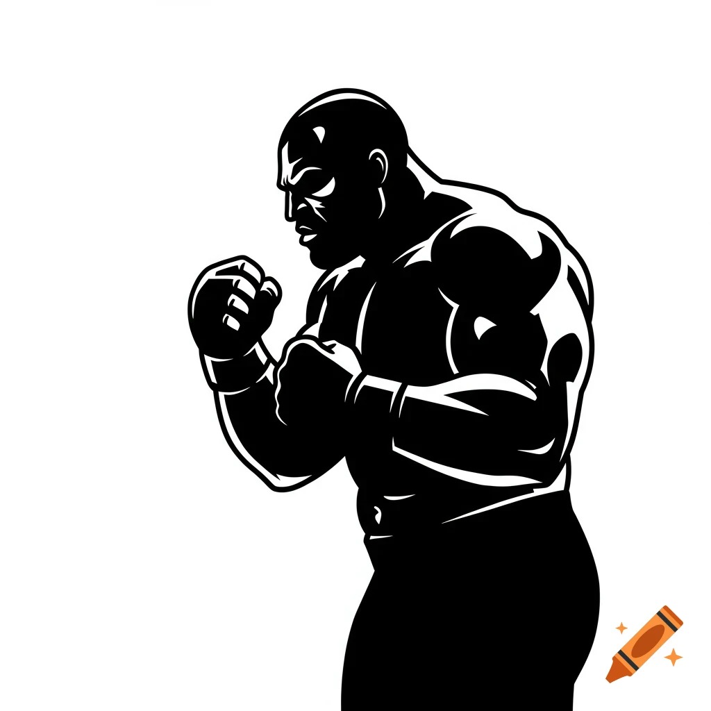 Black and white silhouette of a muscular brawler or boxer with fists raised, ready to fight.