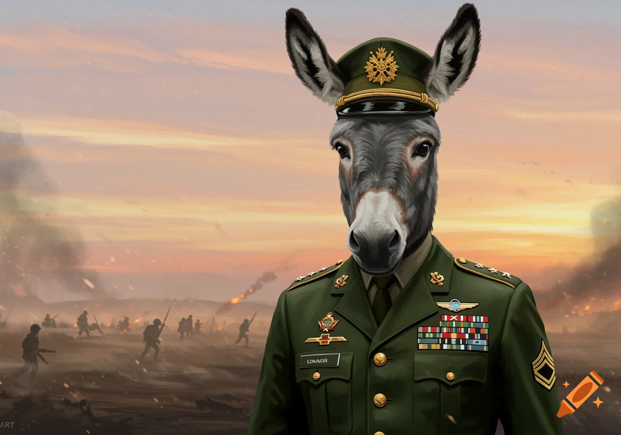 A photorealistic image of a donkey wearing a detailed Army General's uniform, standing in front of a smoky battlefield at sunset.