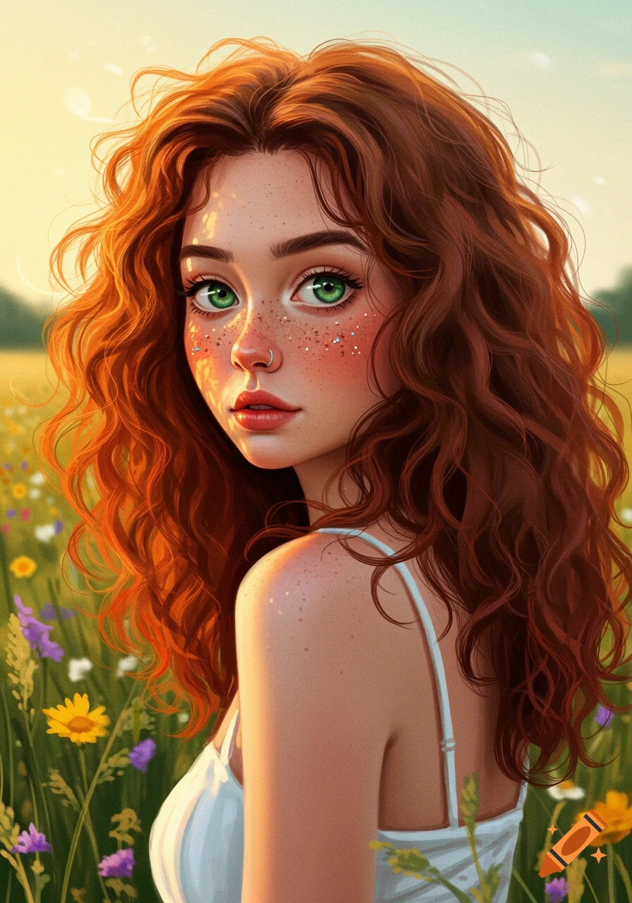A stylized portrait of a young woman with long curly red hair, green eyes, and freckles, in a sunny field of wildflowers.