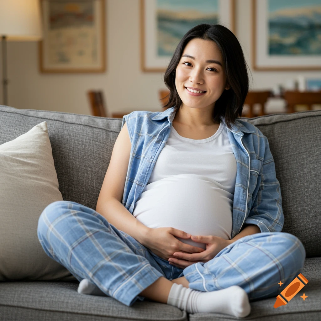 An Asian pregnant woman sits smiling on a gray couch, holding her belly. She wears blue plaid pajamas and a white t-shirt.
