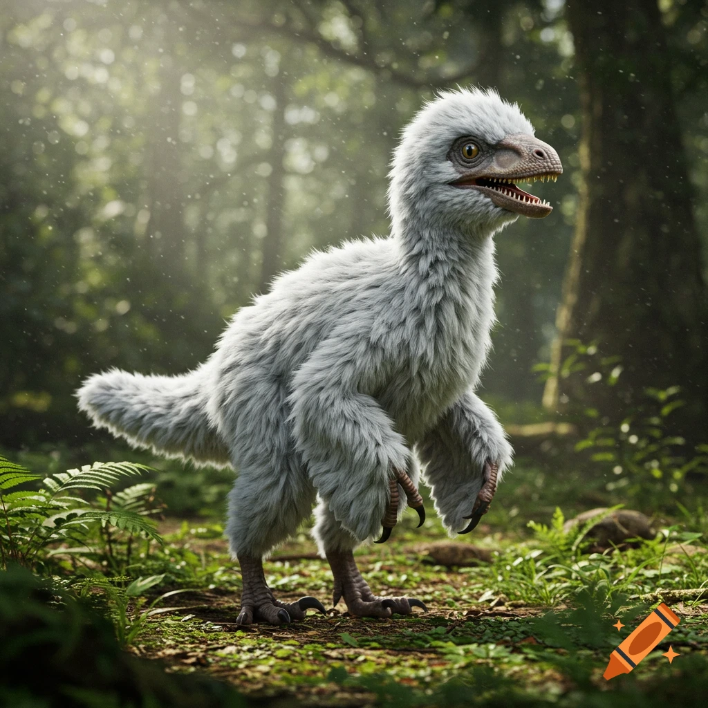A photorealistic fluffy gray and white feathered dinosaur with sharp teeth stands in a lush green forest bathed in sunlight.