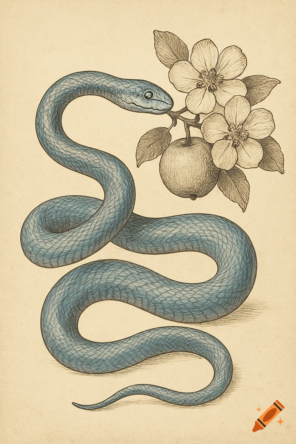 Vintage technical drawing of a blue snake wrapped around an apple branch with an apple and three blossoms.