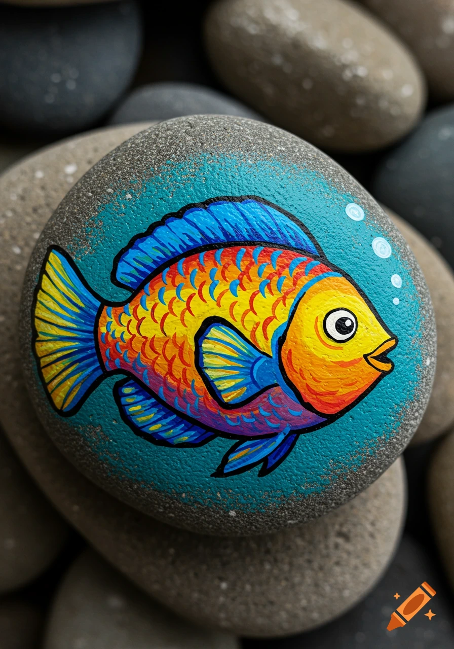 A vibrantly colored fish is painted on a smooth gray rock, surrounded by other rocks.