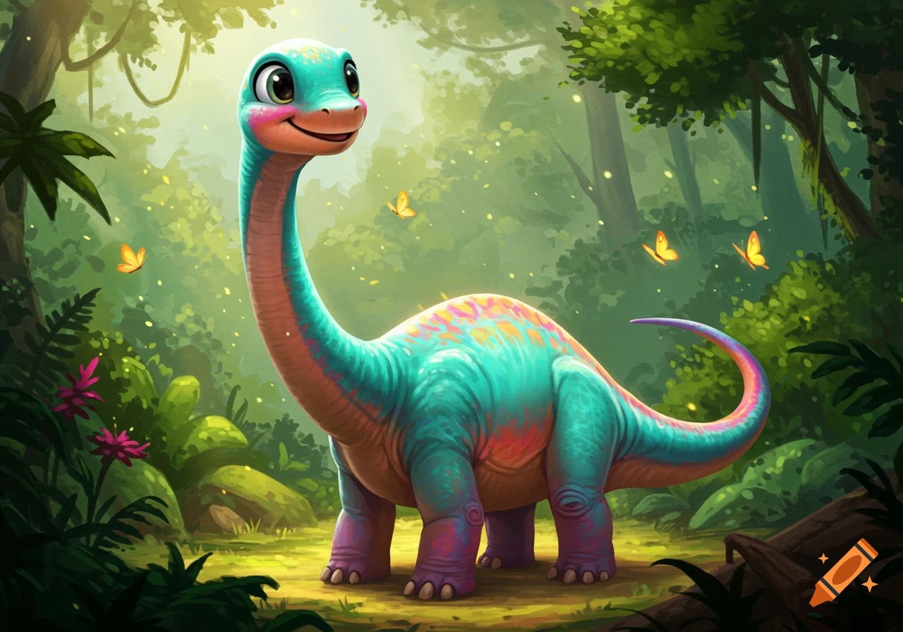 A cute, colorful cartoon diplodocus dinosaur stands smiling in a lush, green jungle with butterflies flying around.