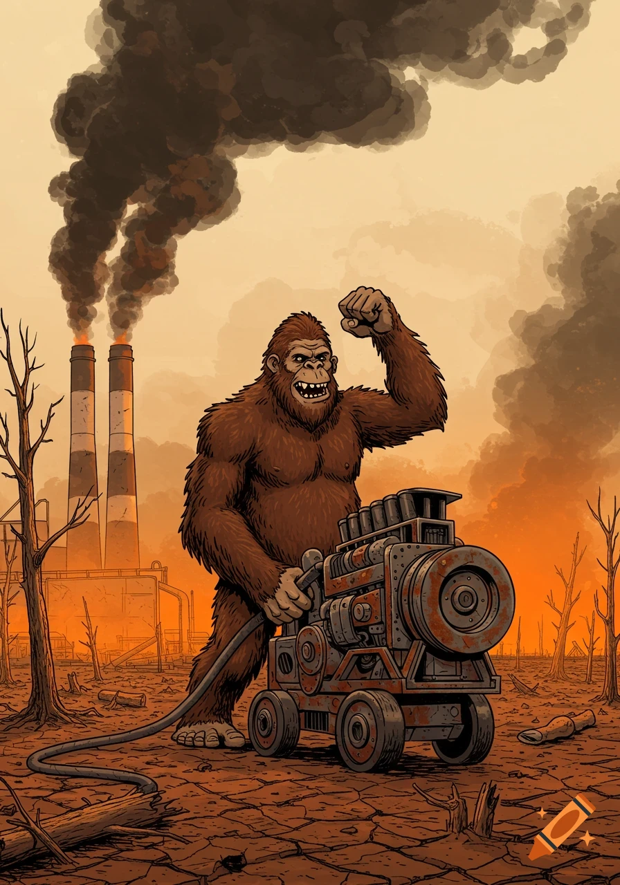 Cartoon illustration of Bigfoot pumping fuel into a rusty engine, with smoking factory chimneys in a desolate, orange landscape.
