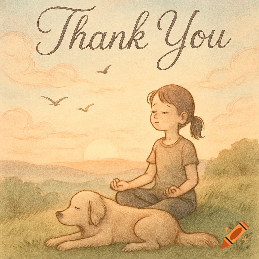 An illustrative drawing of a girl meditating with a golden retriever at sunset, with 'Thank You' text above.