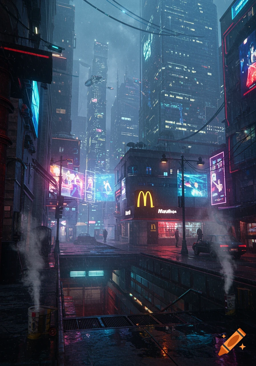A dark, rainy cyberpunk city street at night, with neon signs, tall skyscrapers, and a glowing McDonald's restaurant.