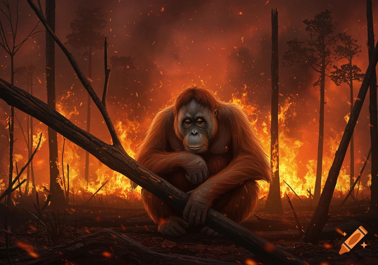 A sad orangutan sits in the foreground of a burning forest, with orange flames and smoke engulfing the background.