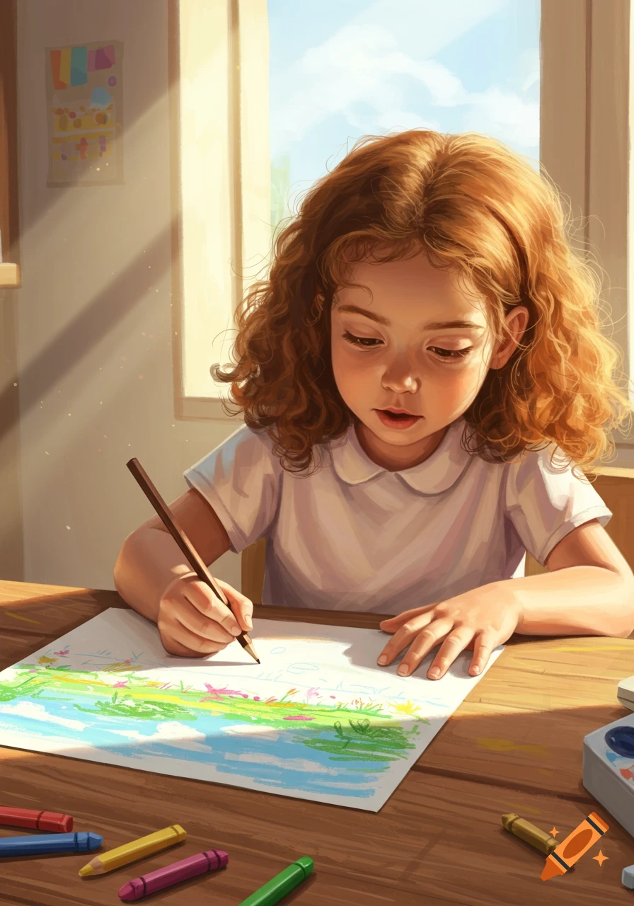A young girl with curly red hair draws a colorful picture on a paper with crayons at a wooden table in a sunny room.