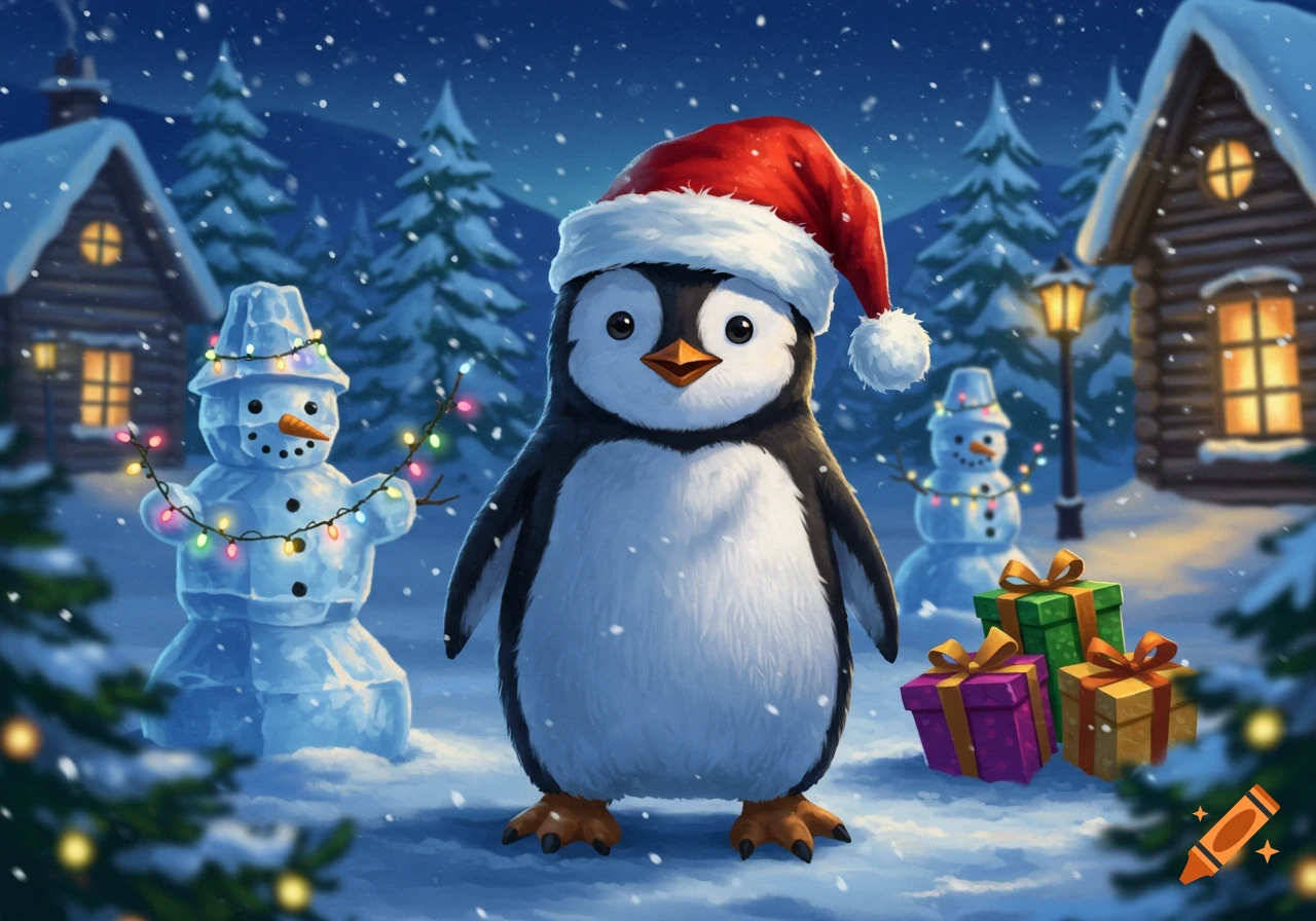 A cute cartoon penguin wearing a Santa hat stands in a snowy village scene with snowmen and Christmas presents.