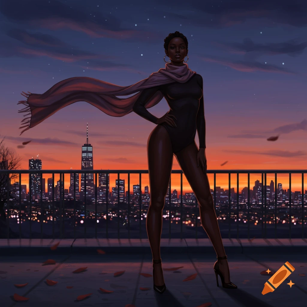 A striking digital art portrait of a Black woman in a black bodysuit and scarf, standing on a rooftop overlooking a city skyline at sunset.