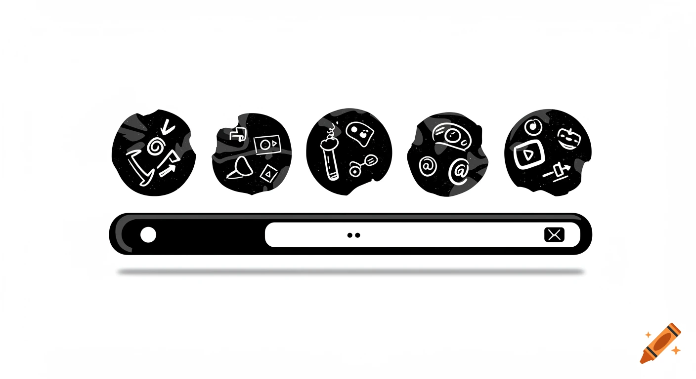A black and white image of a horizontal hotbar with a white search field, below five black, paint-deformed circles containing various white abstract icons.