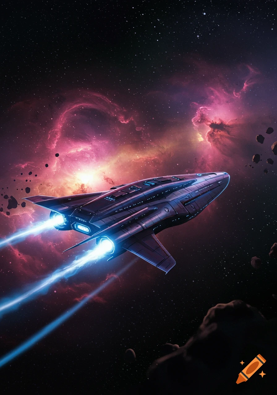 A sleek dark spaceship with bright blue engine trails flies through a vibrant pink and purple nebula, surrounded by asteroids in deep space.