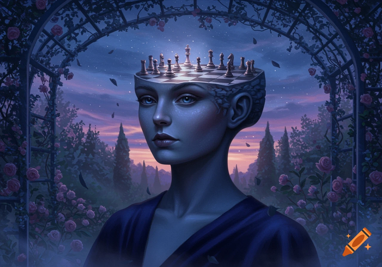 A surreal portrait of a woman with a chessboard on her forehead, adorned with chess pieces, against a twilight rose garden.