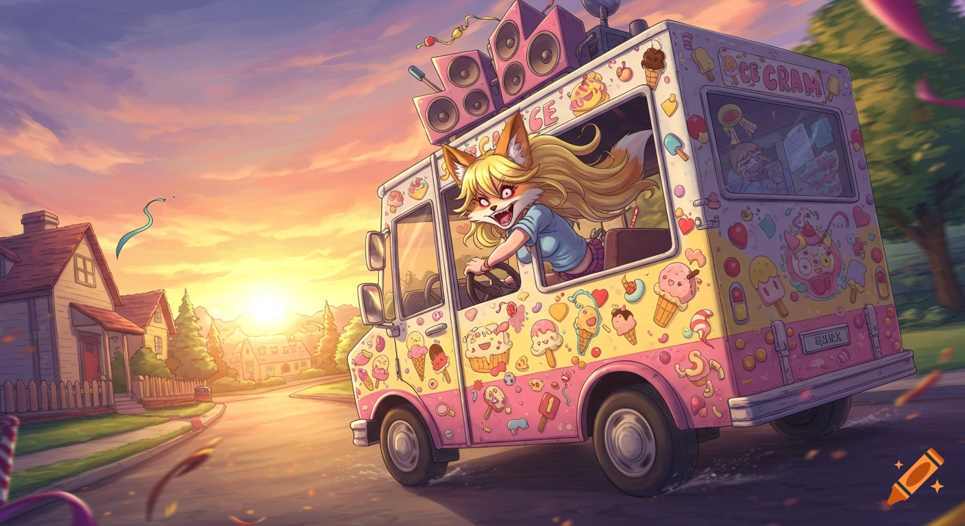 A psychotic blonde anime fox girl drives a colorful ice cream truck down a suburban street at sunset.