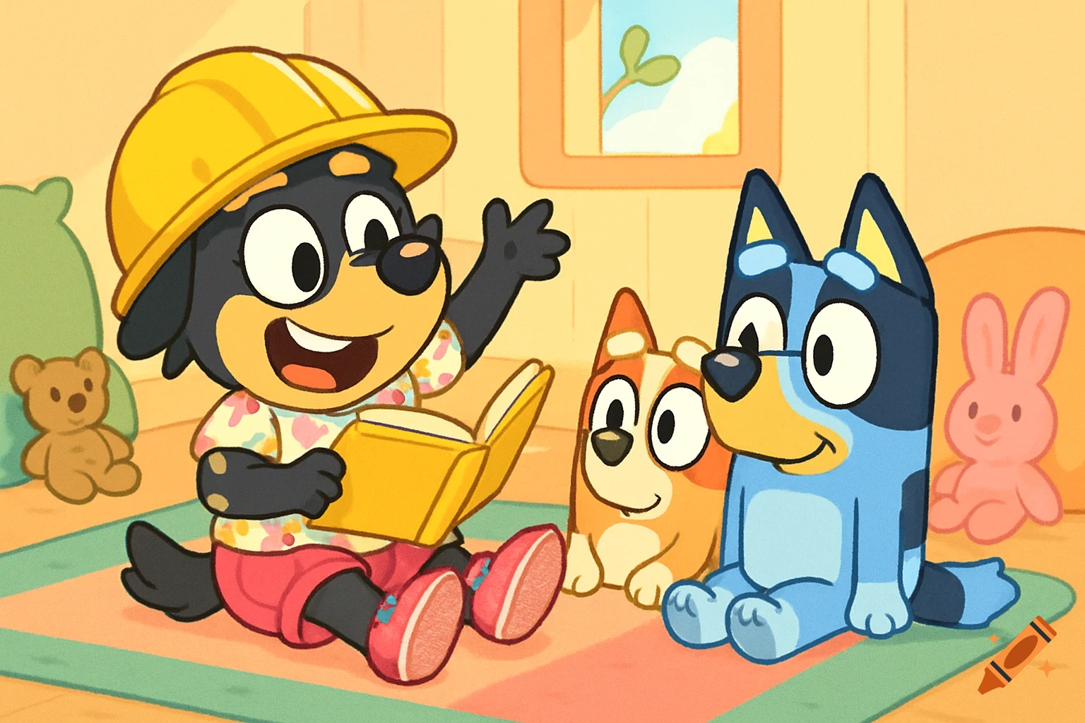 A cheerful black and tan puppy in a yellow helmet reads a book to blue and orange cartoon dogs on a rug in a bright room.