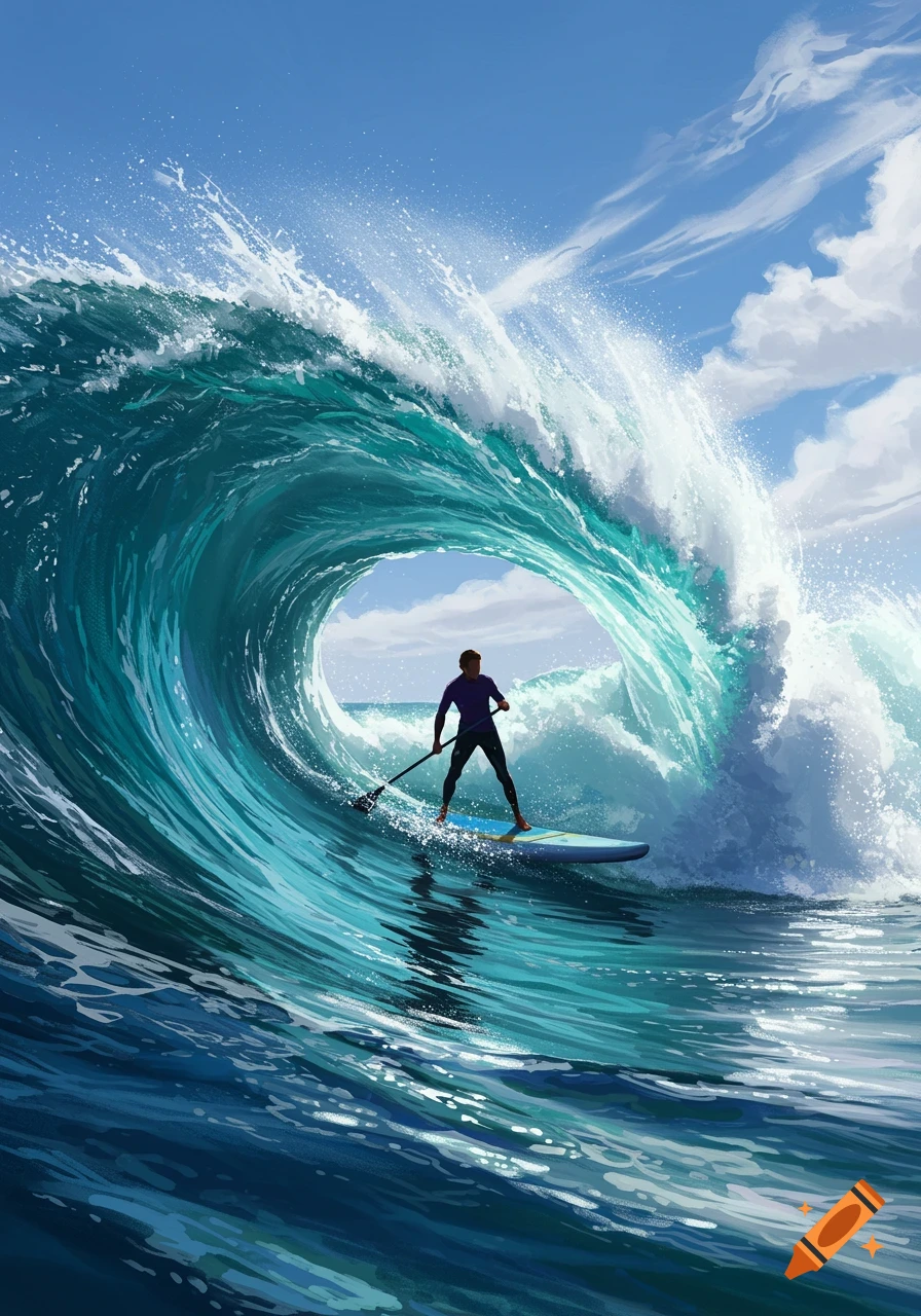 A standup paddleboarder surfs inside a large, turquoise breaking wave under a blue sky, in an illustrated style.