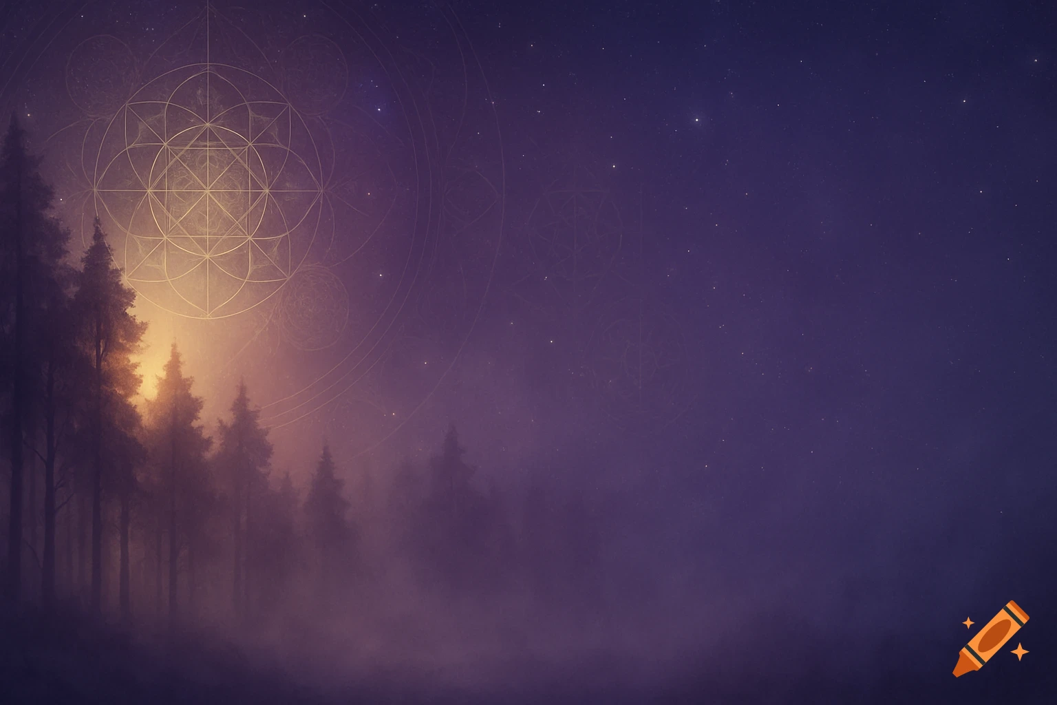 Mystical night landscape with silhouetted trees, glowing mist, and golden sacred geometry in a starry purple sky.