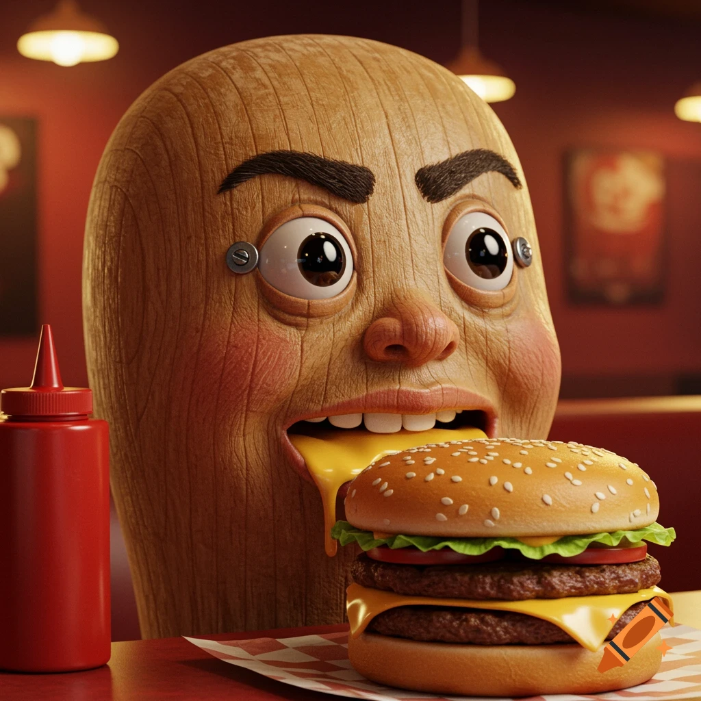 A whimsical 3D render of a wooden-textured character with wide eyes and screwed eyebrows enthusiastically eating a cheeseburger.