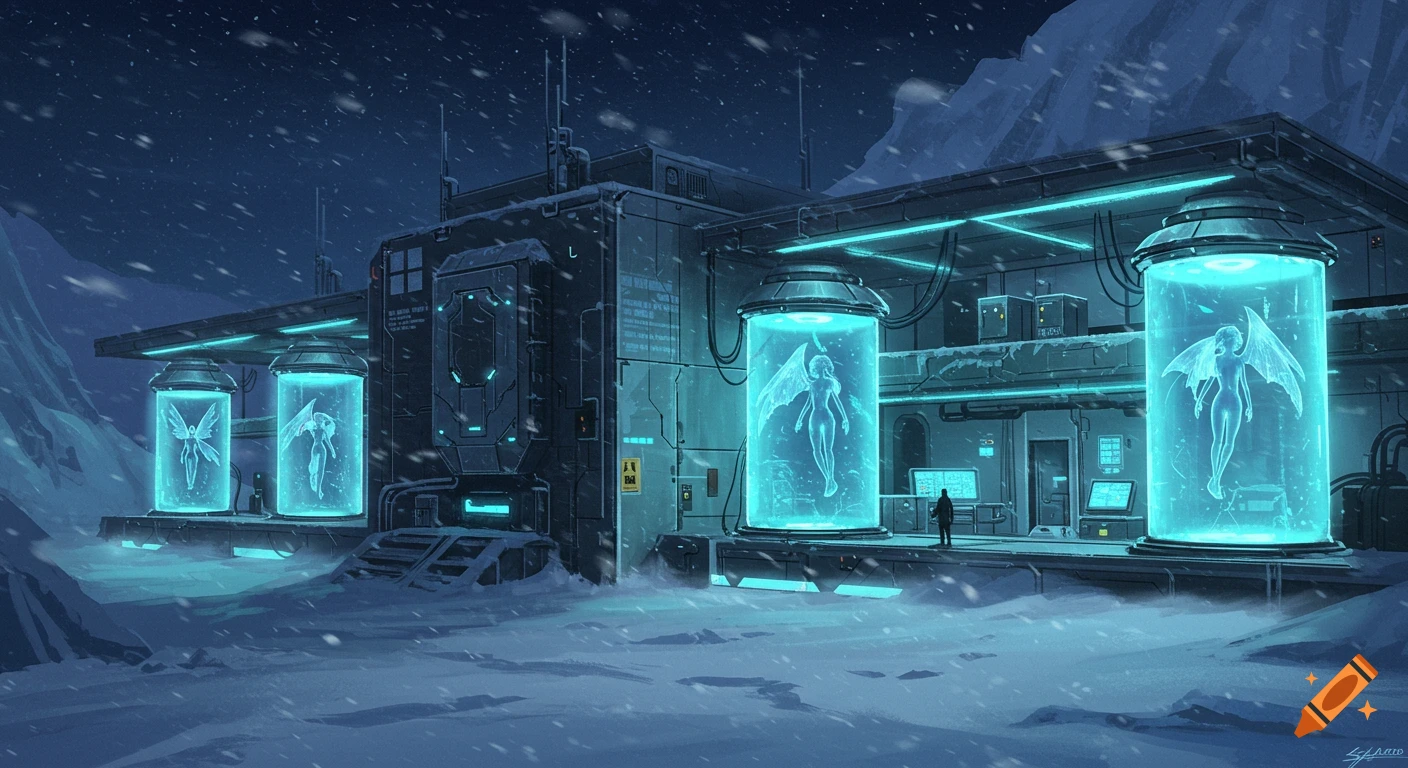 A futuristic research lab in a snowy landscape with several glowing cryogenic tanks holding winged humanoid figures.