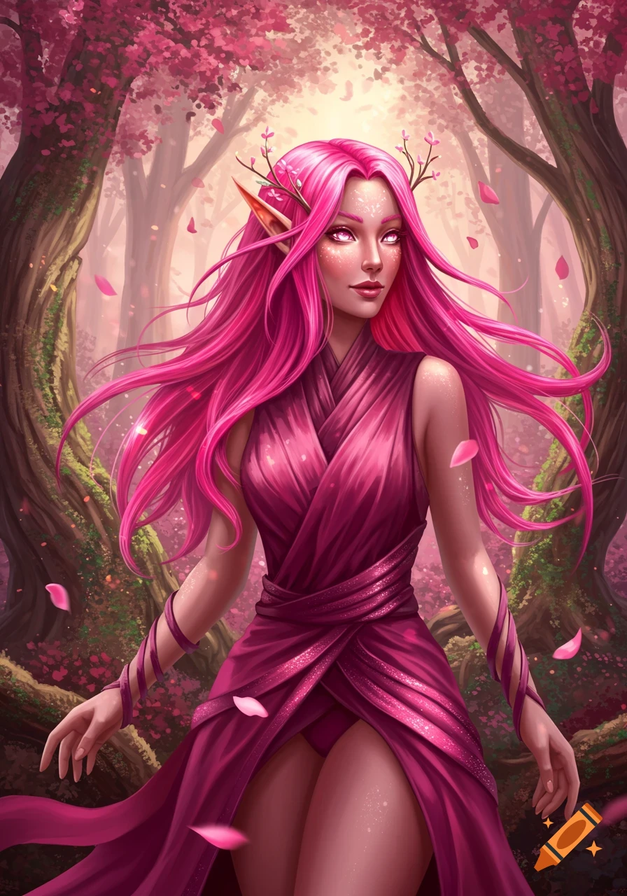 A vibrant digital painting of an elf-like woman with long, flowing pink hair and a pink dress, standing in a magical forest with pink foliage.
