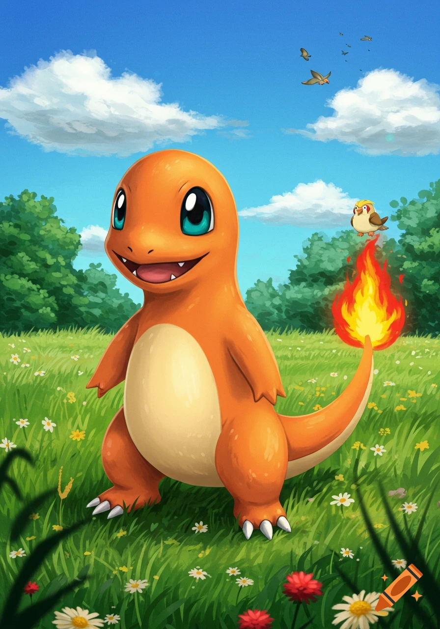 A happy Charmander stands in a vibrant green field with white and yellow wildflowers under a blue sky, with birds flying.