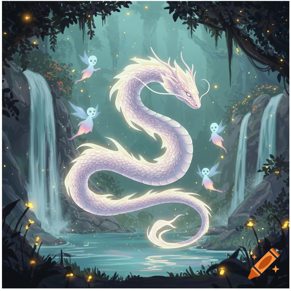 A glowing white spirit serpent floats in a mystical forest with waterfalls and small glowing fairies.