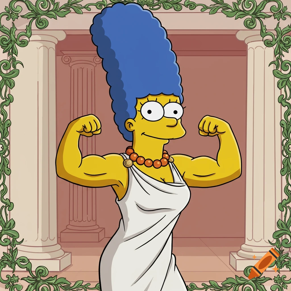 Marge Simpson from The Simpsons flexing in a white toga, framed by classical columns and an ornate border, in cartoon style.
