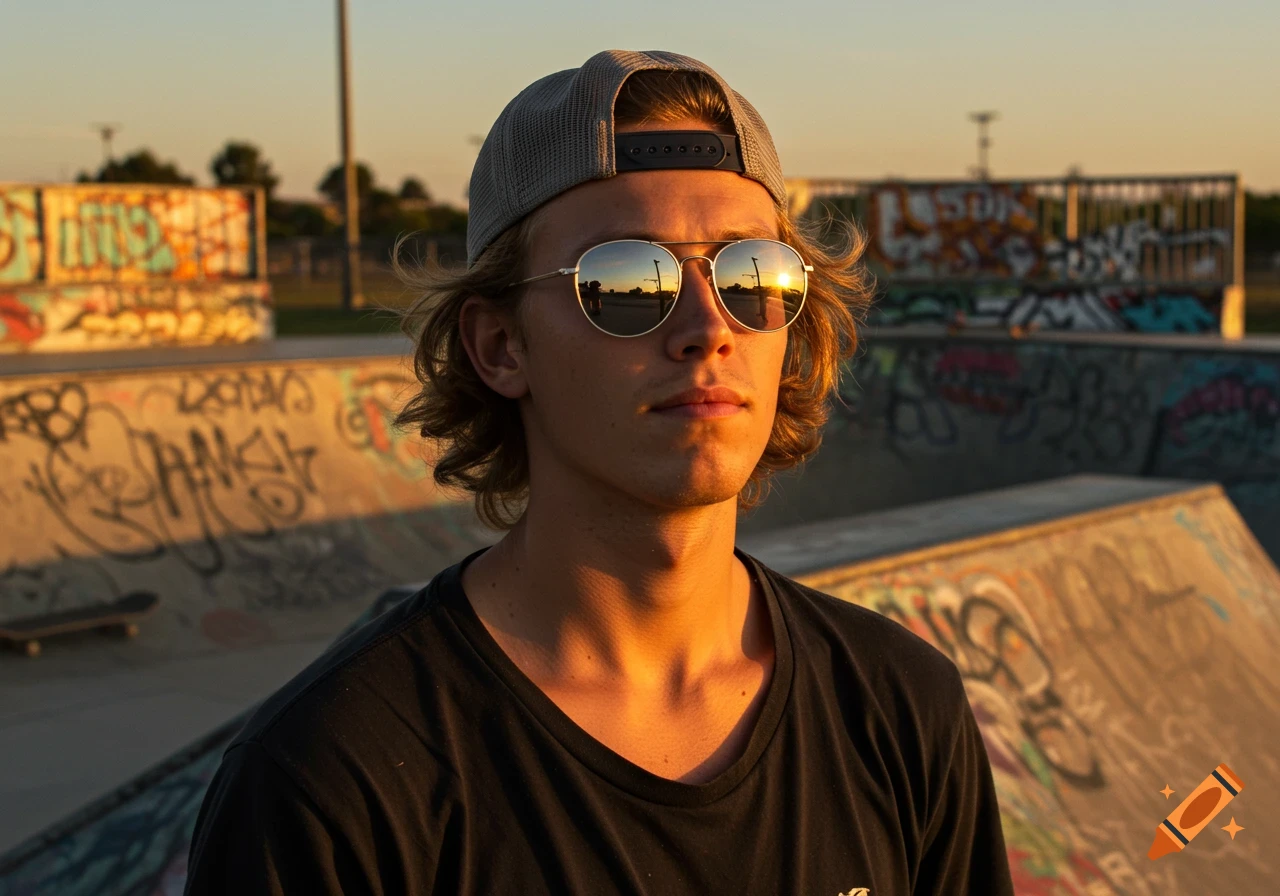A young man in a baseball cap and sunglasses stands at a graffiti-covered skate park during sunset.