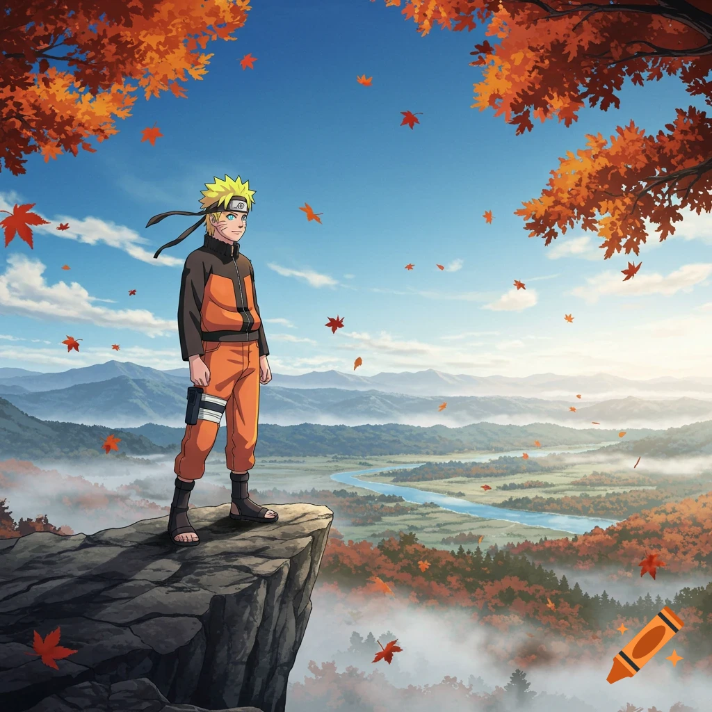 Anime character Naruto stands on a cliff overlooking a vast autumn valley with mountains, a river, and falling orange leaves.