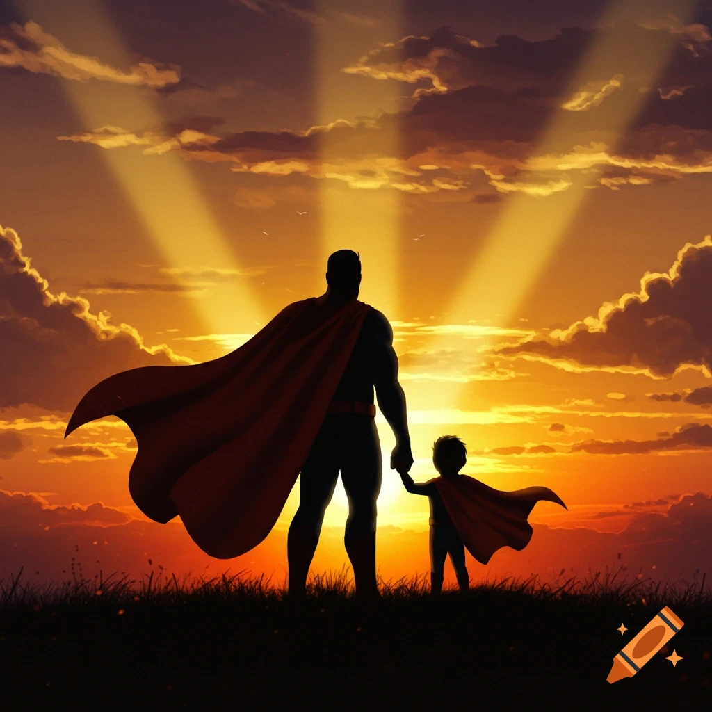 Silhouette of a superhero man holding hands with a superhero boy against a dramatic sunset sky with sun rays.